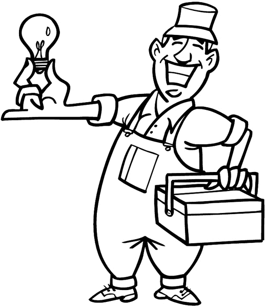 Workman holding up light bulb vinyl sticker. Customize on line.  Electricians Lamps Lighting 031-0102